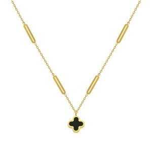 Brand New 18K Gold Four Leaf Clover Black Cubic Zirconia Inlay Necklace